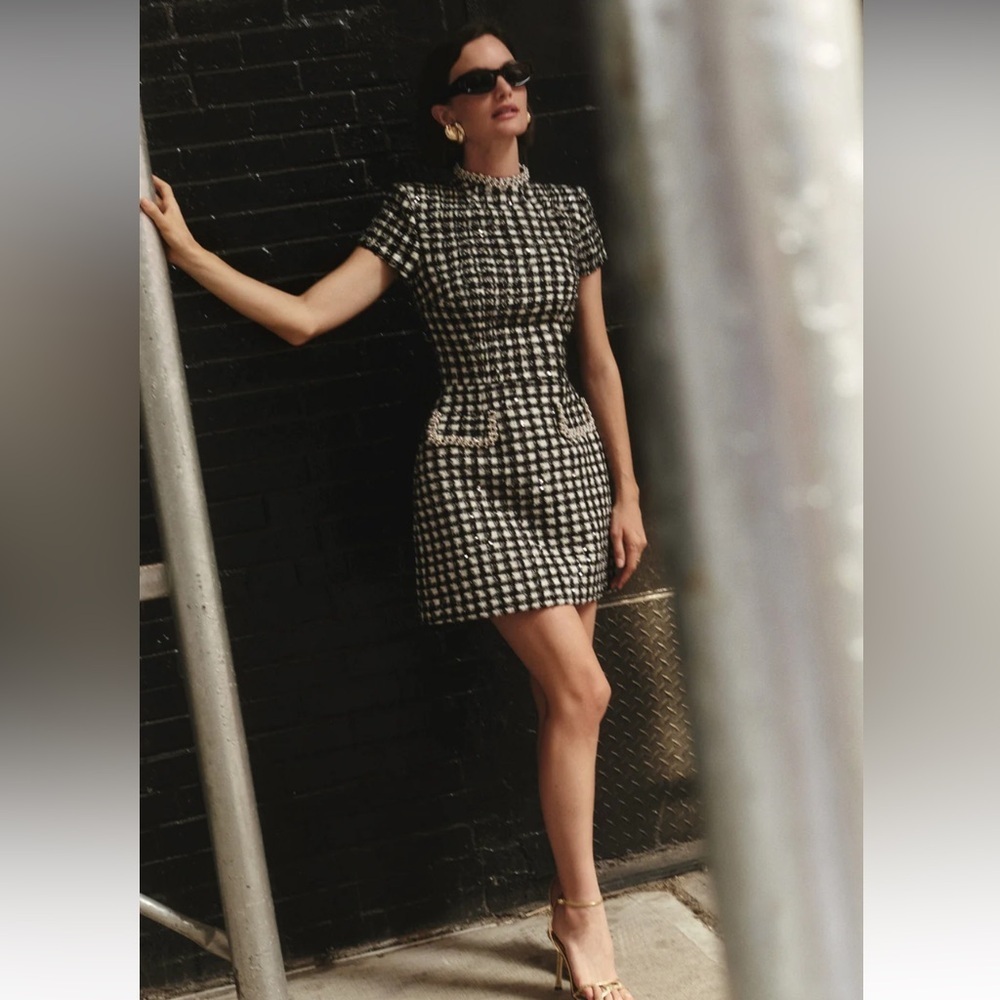 Nadine Merabi Mila check dress in monochrome black and white tweed - Picture 2 of 9